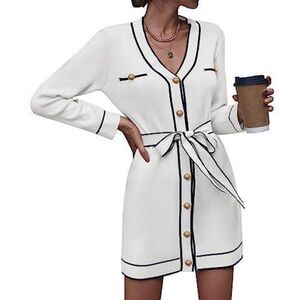 Black White Button Cardigan Dress With Tie Preppy Tennis NWT Large